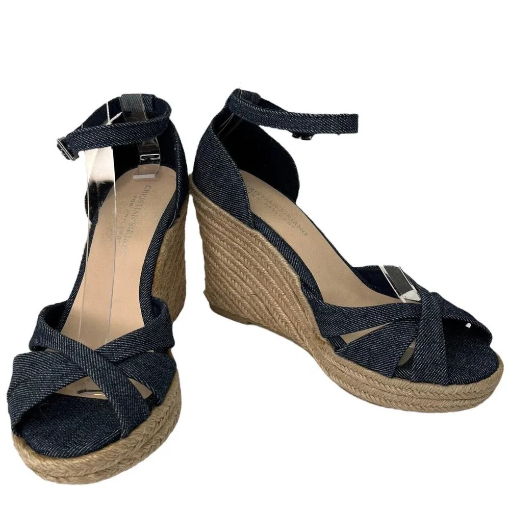 Christian Siriano Espadrille Wedge Ankle Strap Denim Blue Sandals 8